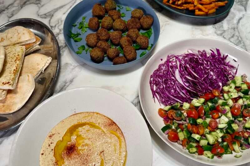 Crispy Green Falafels with Hummus, Herby Salad & Baked Chips